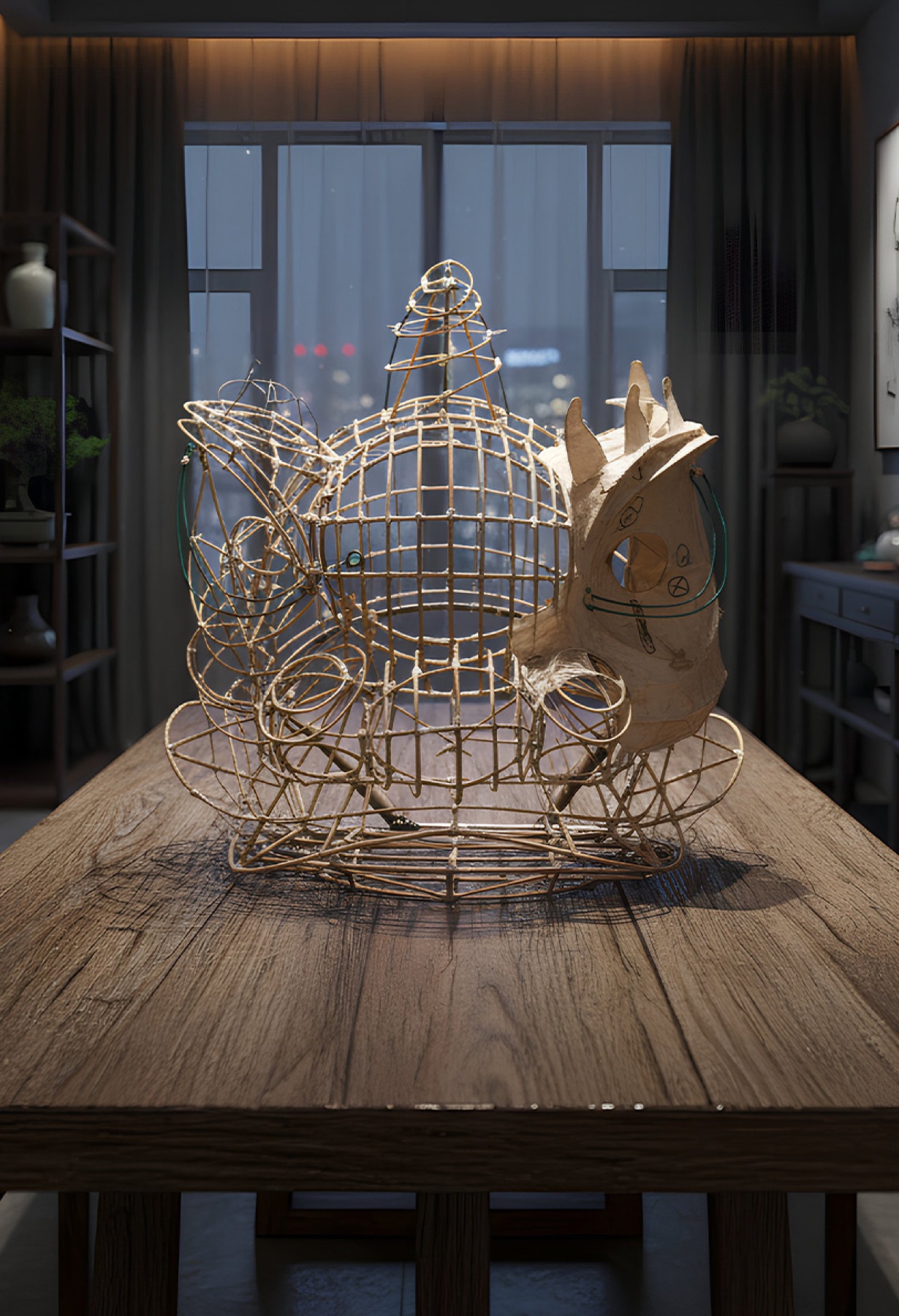 A lion head half-finished: bare rattan frame on one side, painted on the other