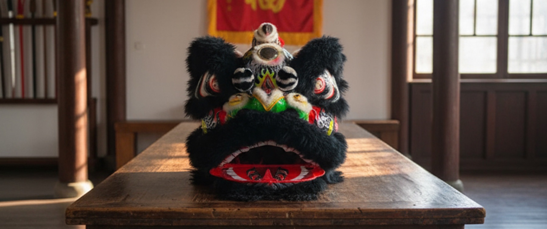 A black lion head on a long wooden table