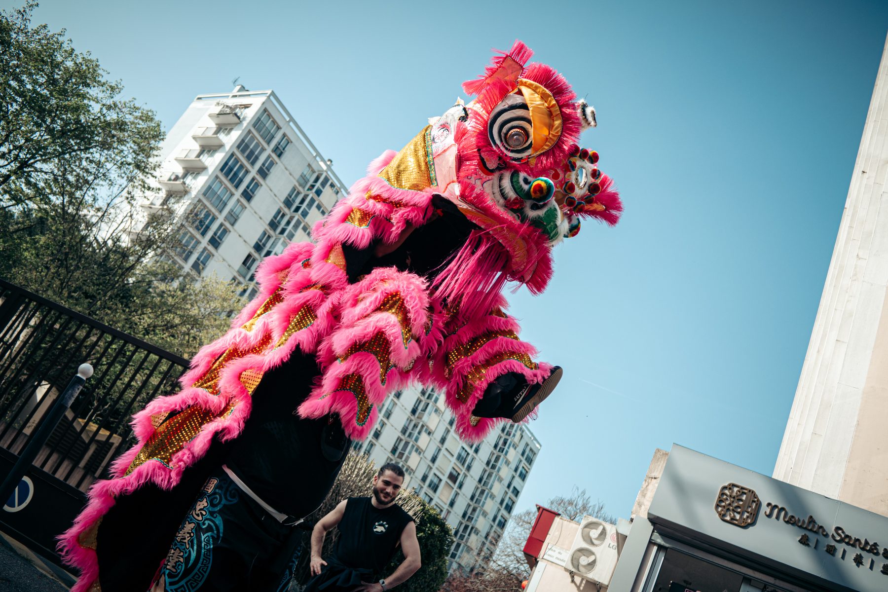 A pink lion performing in the street