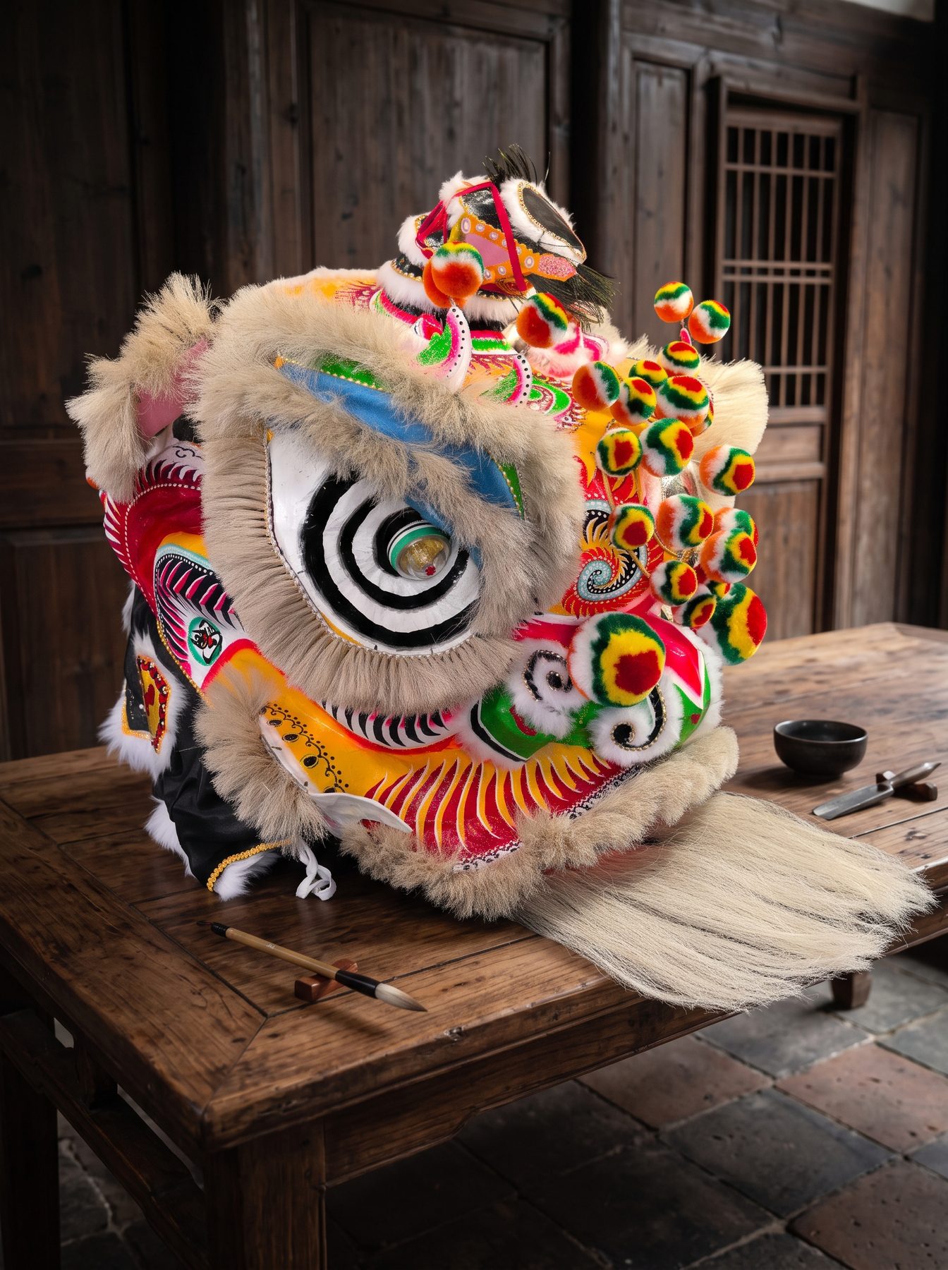 A painted Southern lion head on a wooden table
