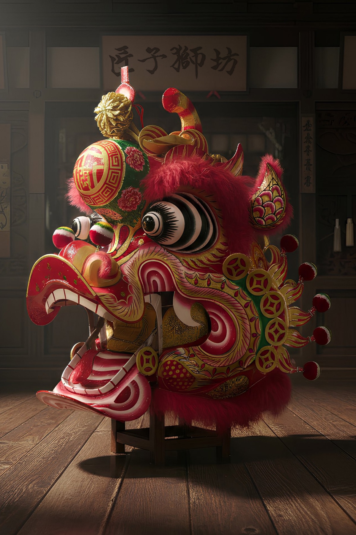 A red Southern lion head on a stand in the Lion Opus workshop